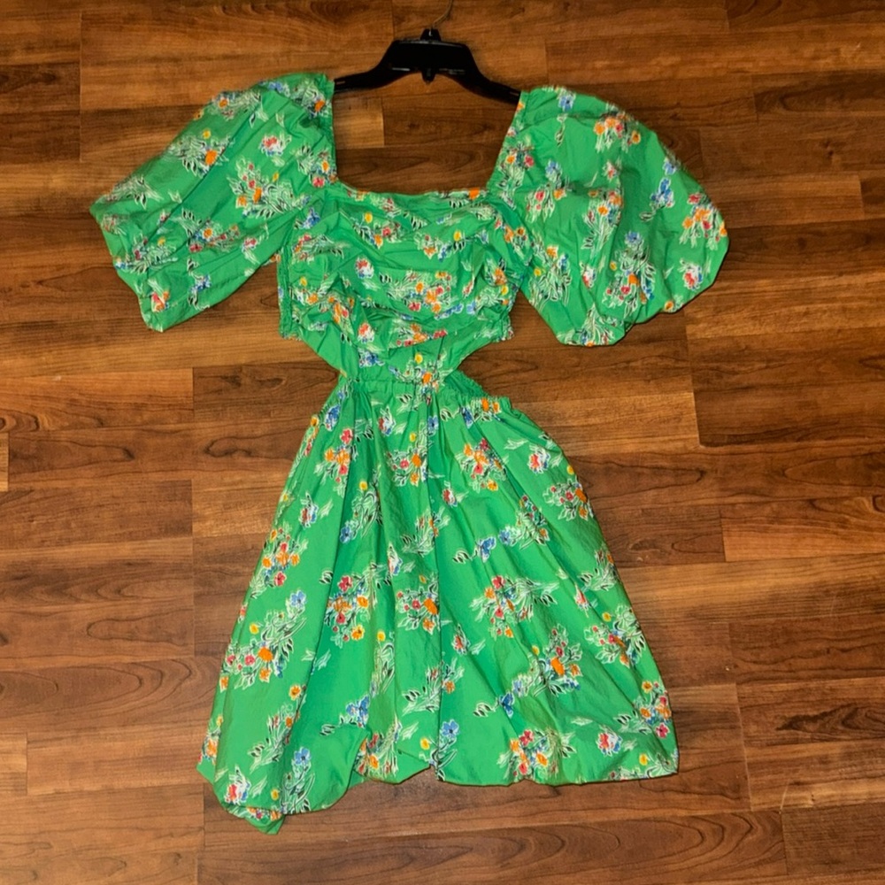 A New Day Green Floral Puff Sleeve Cut Out Bubble Mini Dress Size Small